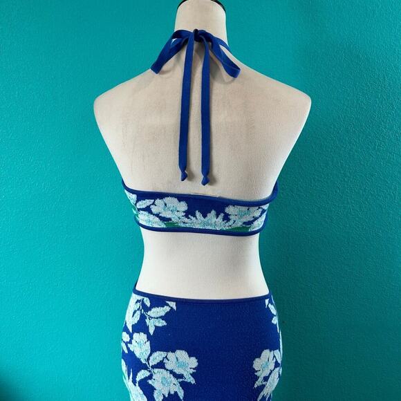 FARM Rio Soft Garden Knit Dress Blue Floral Halter Cut Out Maxi Vacay Size XS - Picture 8 of 11